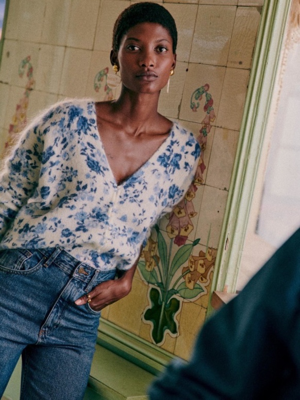 Sezane Blue & White Floral V-Neck Fuzzy Knit Sweater